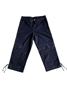 Prana Navy y2k Cargo Cropped Pants with Drawcord Hems Pockets Tie Bottom Capri